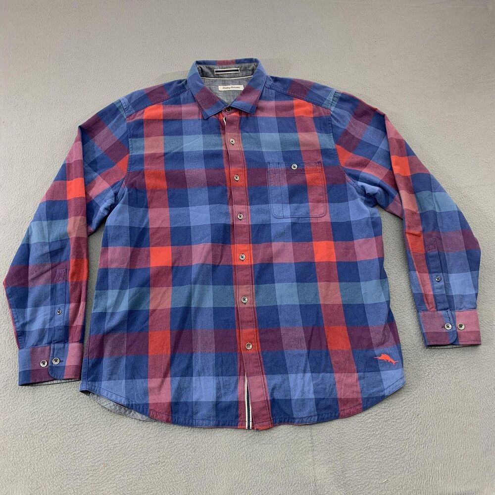 Tommy Bahama Shirt Mens XL Blue Red Plaid Long Sleeve Button Up Casual Tencel